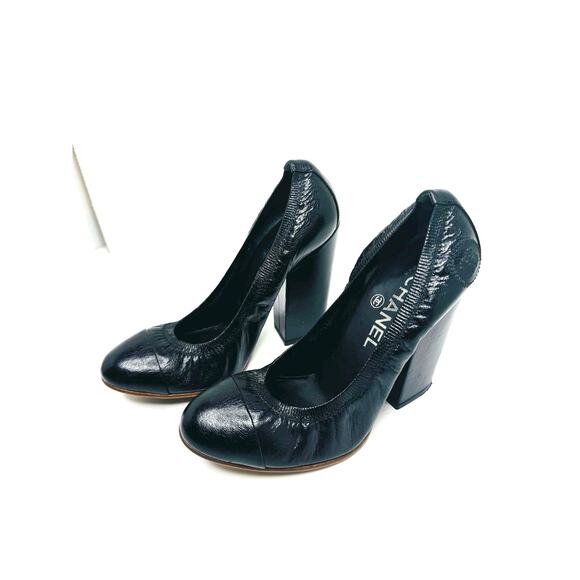 Chanel Classic Black CC Logo Stretch Pumps – Block Heel Leather Heels Size EU 38 - Picture 2 of 10